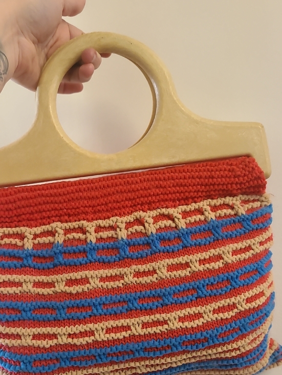 Handbags - Handmade Crochet Tote Bag with Wooden Handles - Red, Blue & Cream